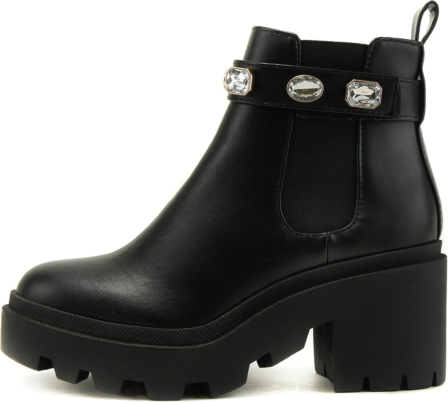 Soda PROFILE Women Lug Sole Mid Heel Chelsea Fashion Ankle Bootie w/Gleaming Studs | Amazon (US)