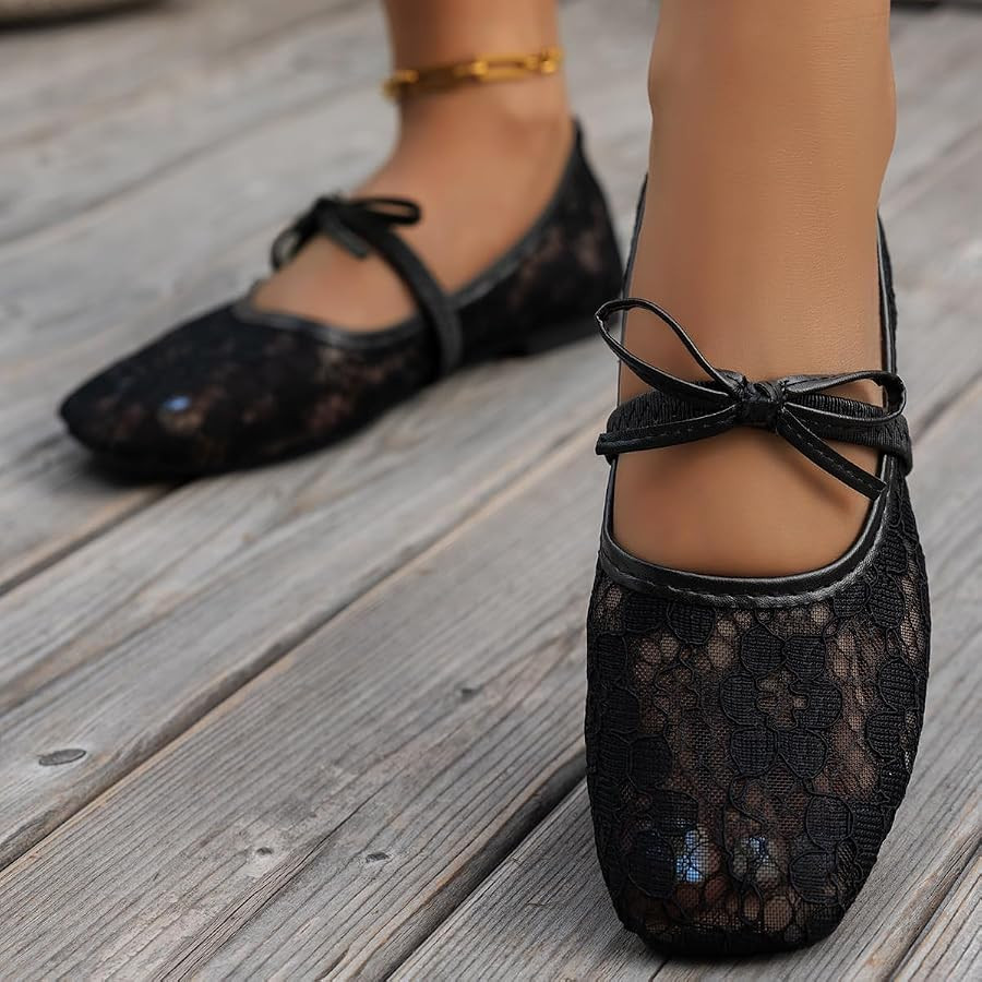 Amazon.com | Fashion Casual Square Toe Floral Lace Flats for Women, Cute Bow Mesh Shoes, Comforta... | Amazon (US)