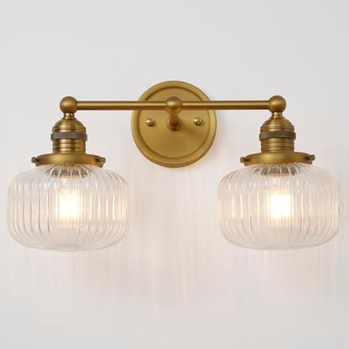 Double Vintage Wall Sconces 2-Lights Brass Gold Bathroom Vanity Light with Clear Striped Glass Sh... | Amazon (US)