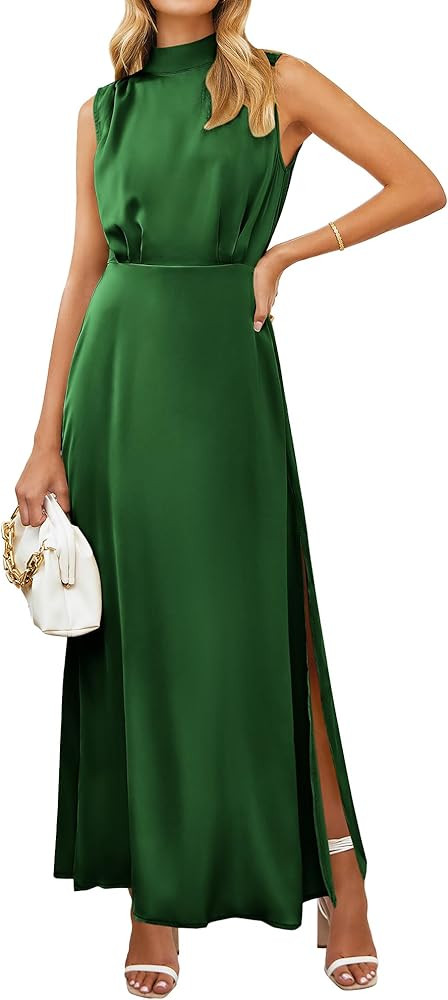 BTFBM Women Sleeveless Mock Neck Cocktail Dresses Keyhole Elastic Waist Party Wedding Guest Satin... | Amazon (US)