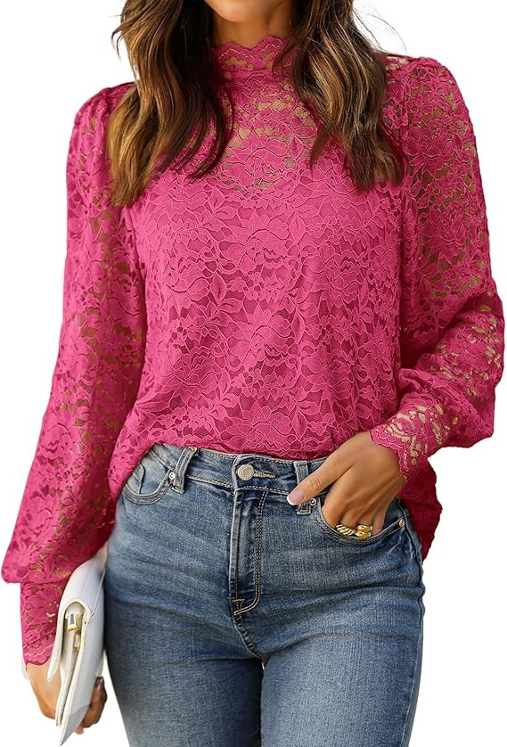 HOTOUCH Lace Tops for Women Sheer Long Sleeve Blouses Dressy Casual Shirt with Camisole 2 PCS Set... | Amazon (US)