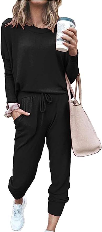 PRETTYGARDEN Women’s Solid Color Two Piece Outfit Long Sleeve Crewneck Pullover Tops And Long P... | Amazon (US)