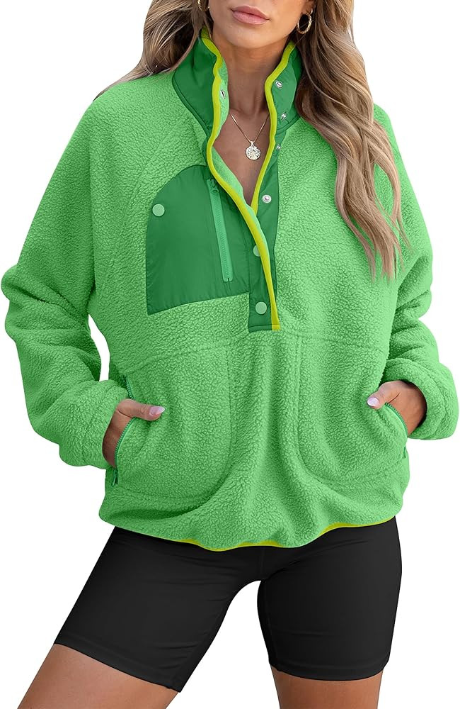 ANRABESS Women Fuzzy Fleece Pullover Sherpa Sweatshirt Long Sleeve Button Down Warm Soft Color Bl... | Amazon (US)