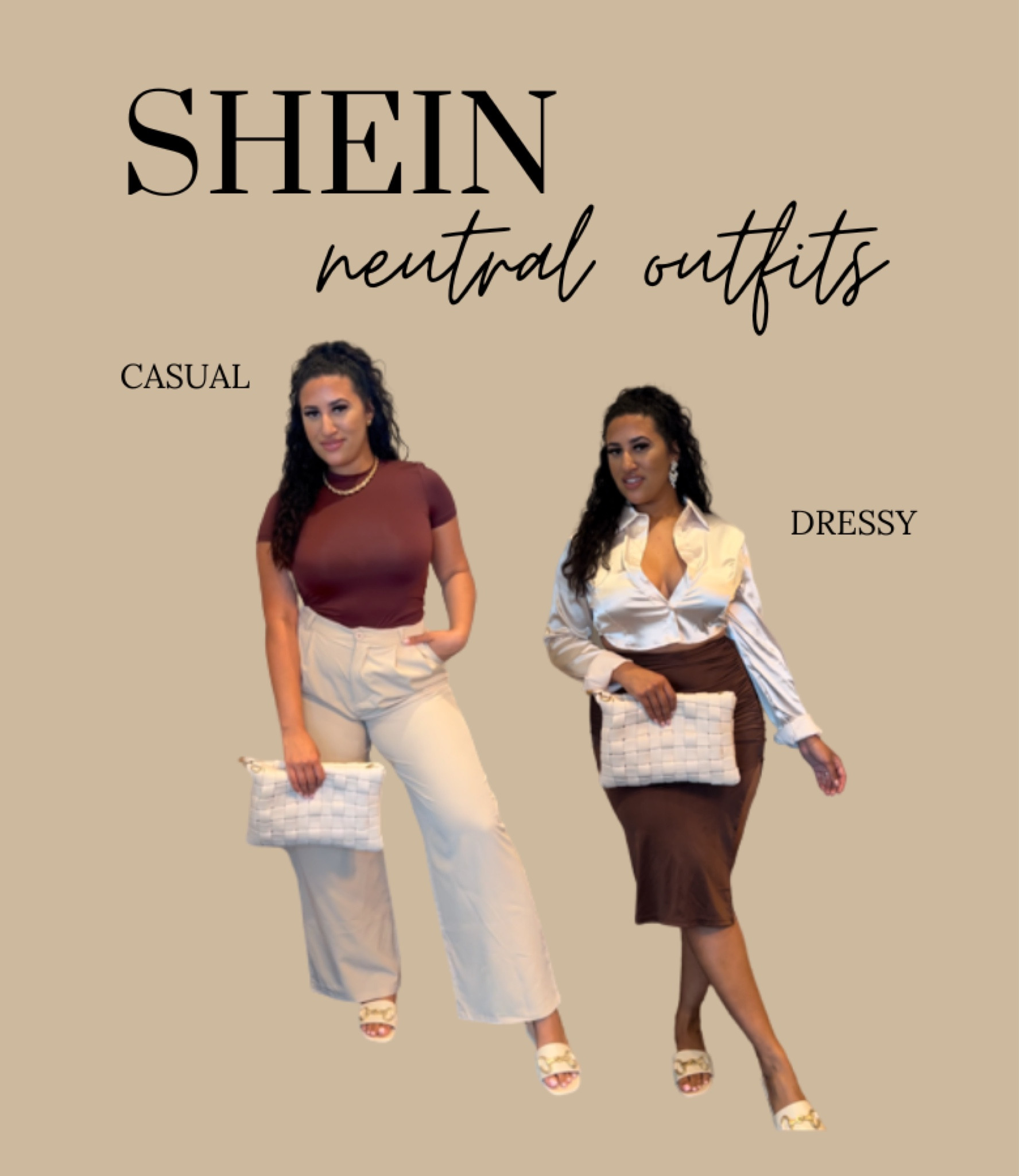 SHEIN neutral attire🤎 Day outfit, night outfit, OOTD, OOTN, running errands, airport outfit, casual style, vacation outfit, neutral style, neutral outfit, classy style, classy outfit, streetwear, misslola sandals, misslola handbag, ivory sandals, ivory woven handbag, dressy outfit, elegant outfit, satin button up, crop blouse, slit skirt, ruched brown skirt, beige pants, trousers, gold choker rope necklace, party guest outfit, dinner outfit. 

Wearing M in tops and L in bottoms! 

#LTKunder50 #LTKSeasonal #LTKstyletip