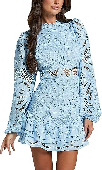 cffvdiz Women's Lantern Long Sleeve Standing Neck Waist Gown Short Dress A-Line Ruffle Hollow Lac... | Amazon (US)