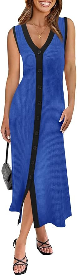 Saodimallsu Womens Summer Button Down Sweater Dresses Sleeveless V Neck Casual Ribbed Knit Color ... | Amazon (US)