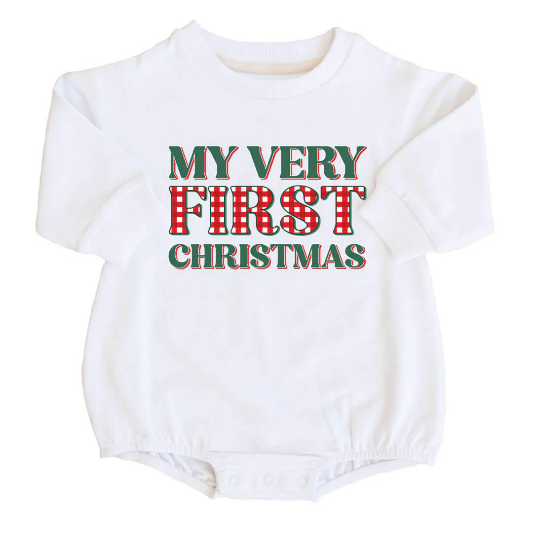 Very First Christmas Sweatshirt Bubble Romper | White | Caden Lane