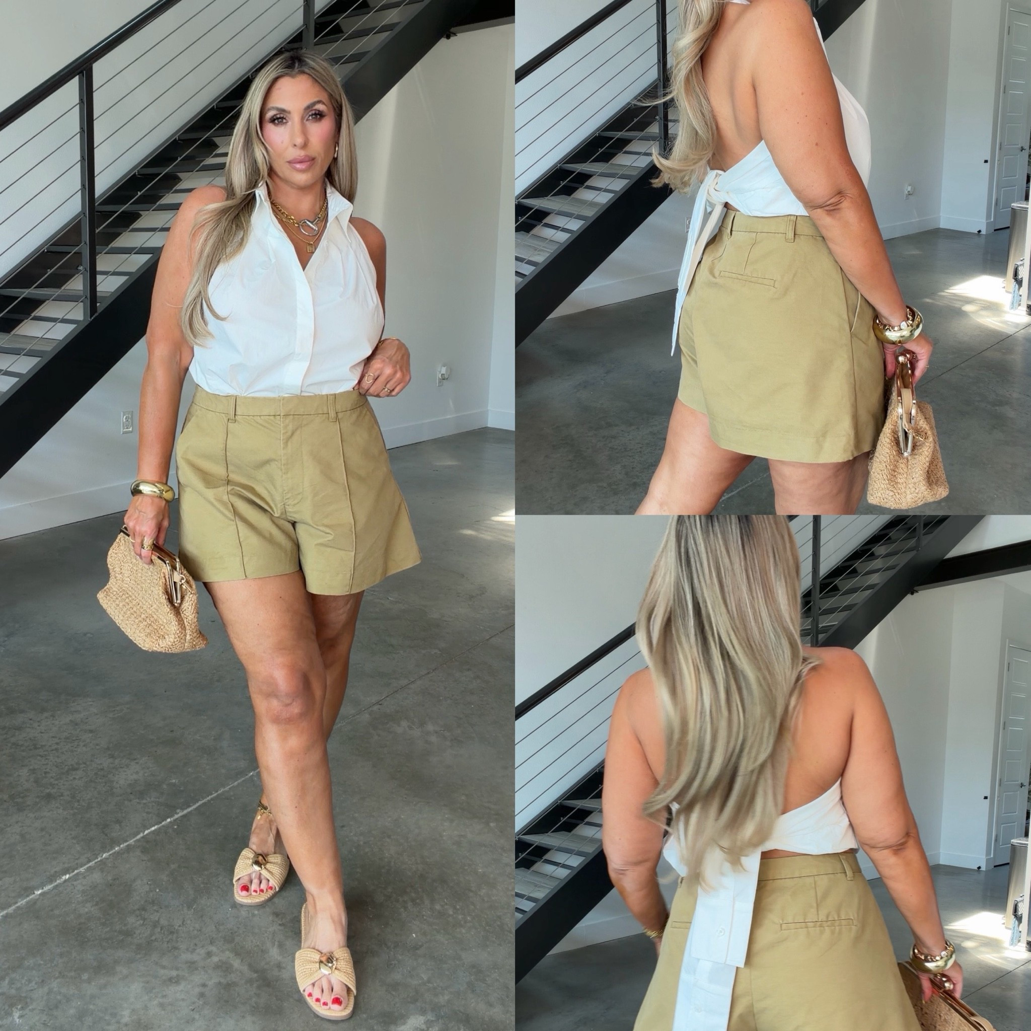 super cute elevated shorts outfit 

Thick thigh friendly chino shorts12. They are an a line cut with room around the thighs. True to size
￼
Super cute white backless top L (runs big could have done a medium) 

Raffia bag and sandals. (Comfortable) 

The jewelry is from KC Chic. Super high quality and water resistant. It is linked and I have a 30% off code: Christine

#LTKootd #LTKOver40 #LTKMidsize
