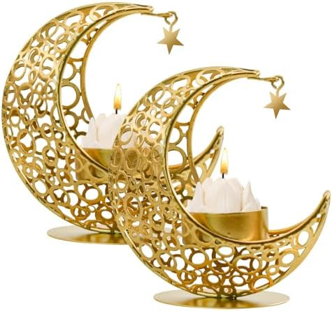 MrMrKura Moon Candle Holders Set of 2, Metal Tealight Candle Holder for Table Centerpiece Decorat... | Amazon (US)