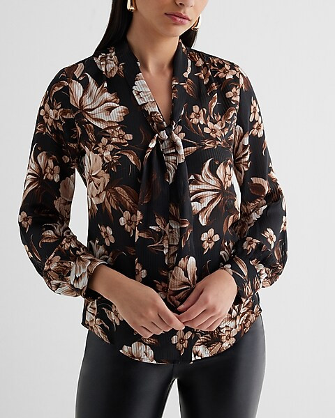 Satin Floral Striped Tie Neck Relaxed Portofino Shirt | Express