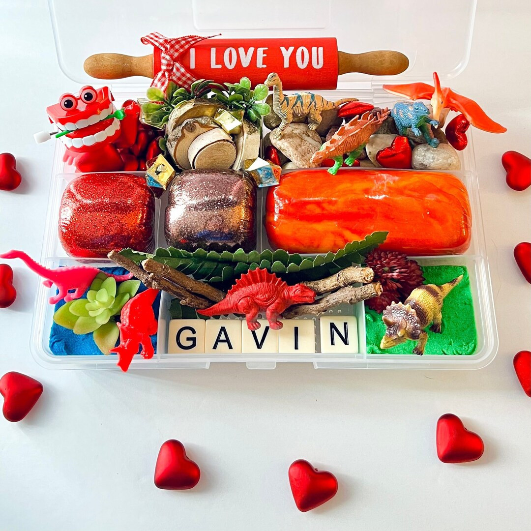 Valentine’s Play Dough Kit, Dino-Mite Valentines Sensory Kit, Dinosaur Sensory Bin, Valentine P... | Etsy (US)
