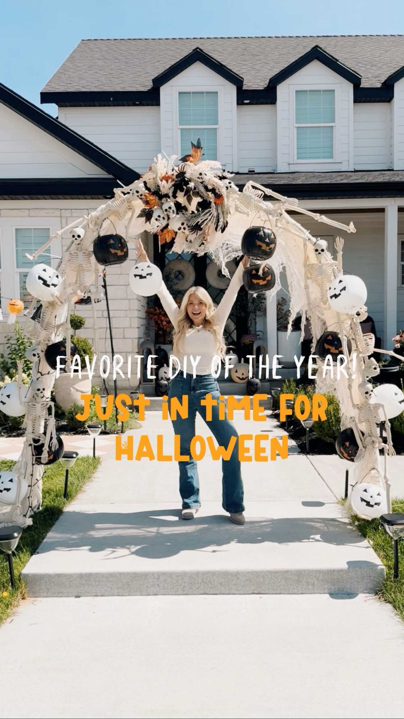 This DIY arch was so easy to make and is such a showstopper.  Love that it’s gorgeous during both day and night.  Have fun making this!

Use zip ties for everything!🧡

Details
- Assemble the arch (15 minutes)
- Add 3 cheese clothes.  Zip tie to drape how you like it
-Add lights to the inside of the arch
- Add wreath in the center.  Zip tie in place
- Attached 36" posable skeletons.  Use 4 on each side of the arch
-Add plastic pumpkin pals to finish it off.  I used 5 on each side, 10 total

#LTKSeasonal #LTKHome #LTKFindsUnder50