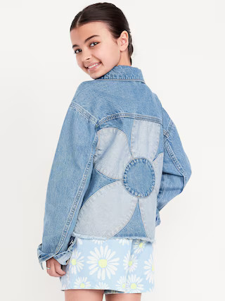 Oversized Floral-Back Cut-Off Jean Jacket for Girls | Old Navy (US)