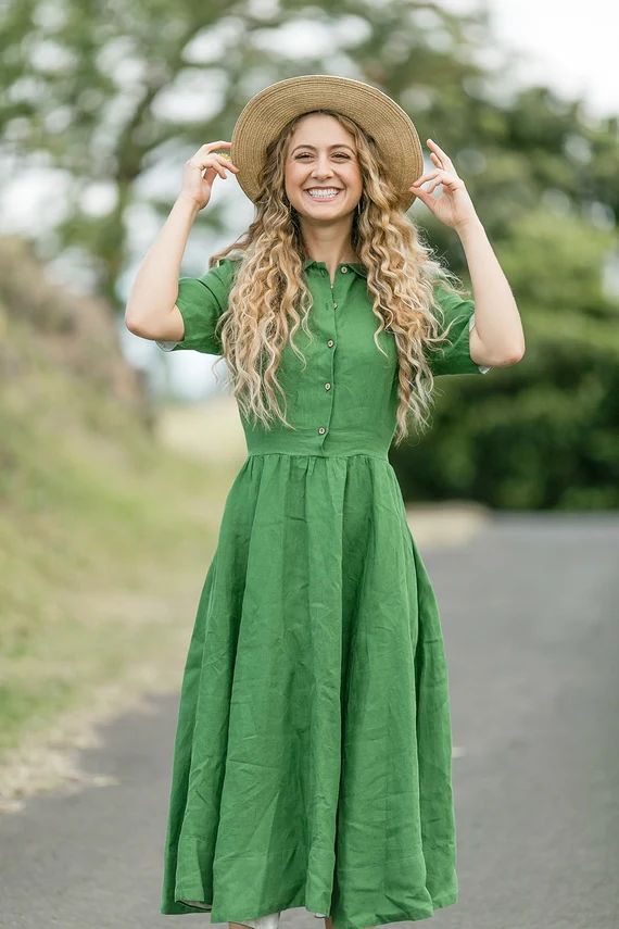 Spring Green Linen Shirt DressSummer LinensFull OutfitFlare | Etsy | Etsy (US)