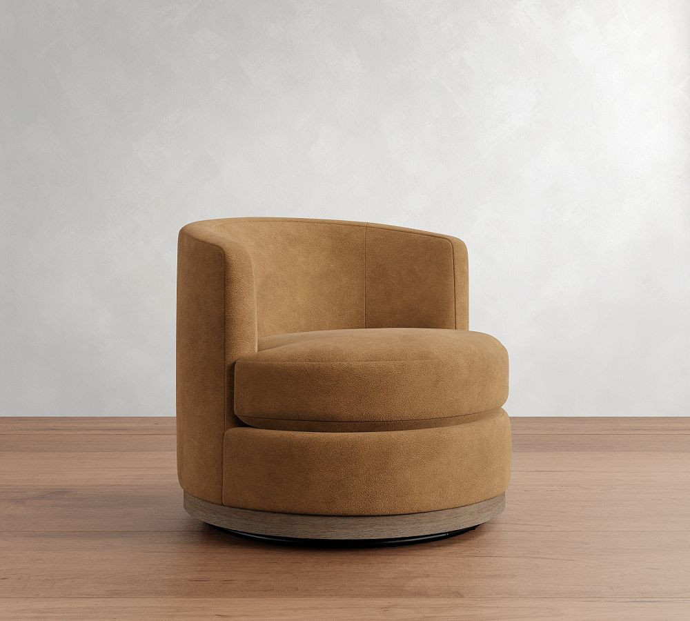 Balboa Leather Petite Swivel Armchair with Wood Base, Polyester Wrapped Cushions, Gravel Sandstone | Pottery Barn (US)