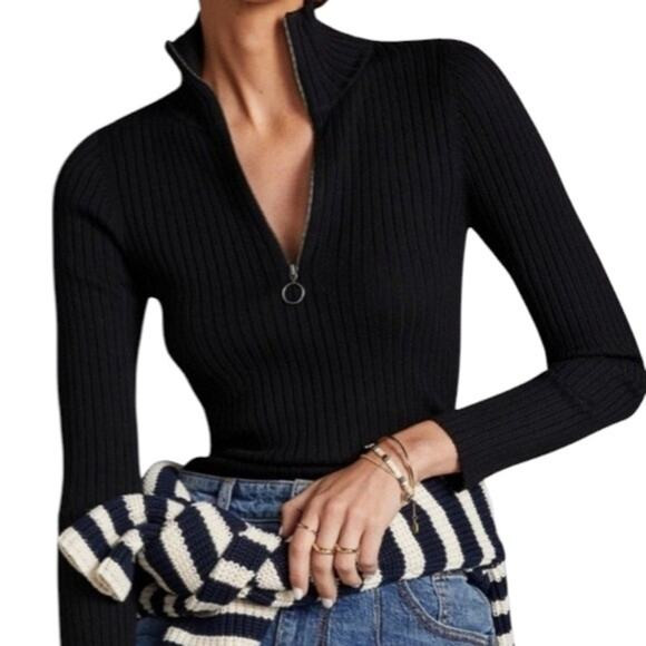 Anthropologie Maeve Black Ribbed Fitted Half Zip Sweater | Poshmark