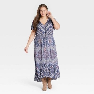 Women&#39;s Plus Size Ruffle Short Sleeve Smocked Dress - Knox Rose&#8482; Blue Ikat 1X | Target