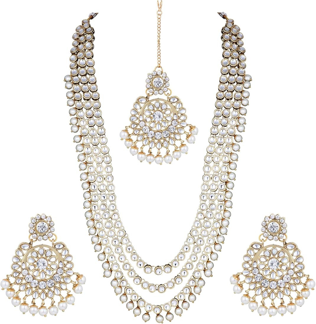 Aheli Indian Ethnic Wedding Faux Kundan Beaded Bridal Long Necklace Earrings with Maang Tikka Tra... | Amazon (US)