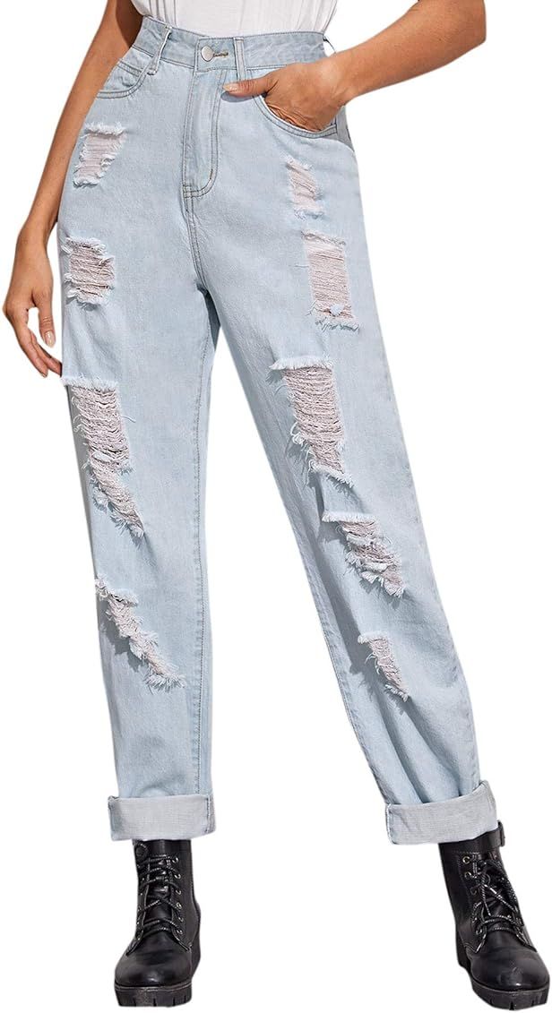 SweatyRocks Women's Ripped Boyfriend Jeans Distressed Denim Ankle Length Jeans | Amazon (US)