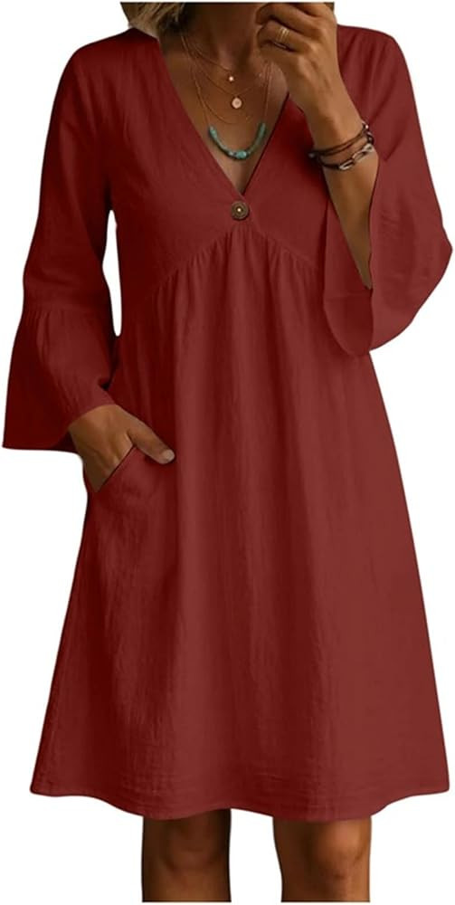 Womens Cotton Linen Knee Length Dresses Summer Bell 3/4 Sleeve V Neck Gauze Dress Vacation Beach ... | Amazon (US)