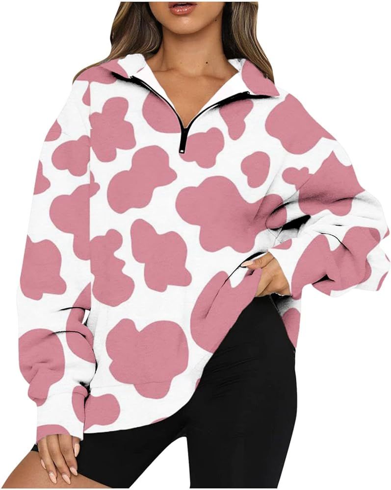 Womens Oversized Half Zip Pullover Teen Girls Cow Print Fall Winter Sweatshirts Drop Shoulder Slo... | Amazon (US)