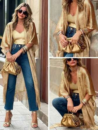 Capa De Praia De Malha Para Primavera/Verão/Outono, Capa De Proteção Solar Transparente Para Férias, Cobertura De Xale De Tricô Com Franjas, Capa De Uso Casual De Rua, Capa De Vestido Leve, Capa Com Franjas Para Festa/Transporte, Capa De Maiô Bikini De Praia Para Férias | SHEIN