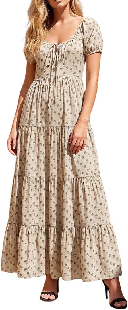 Woman Floral Puff Sleeve Maxi Dress Square Neck Ruffle Flowy Long Dresses Bohemian Tiered Summer Sundress | Amazon (US)