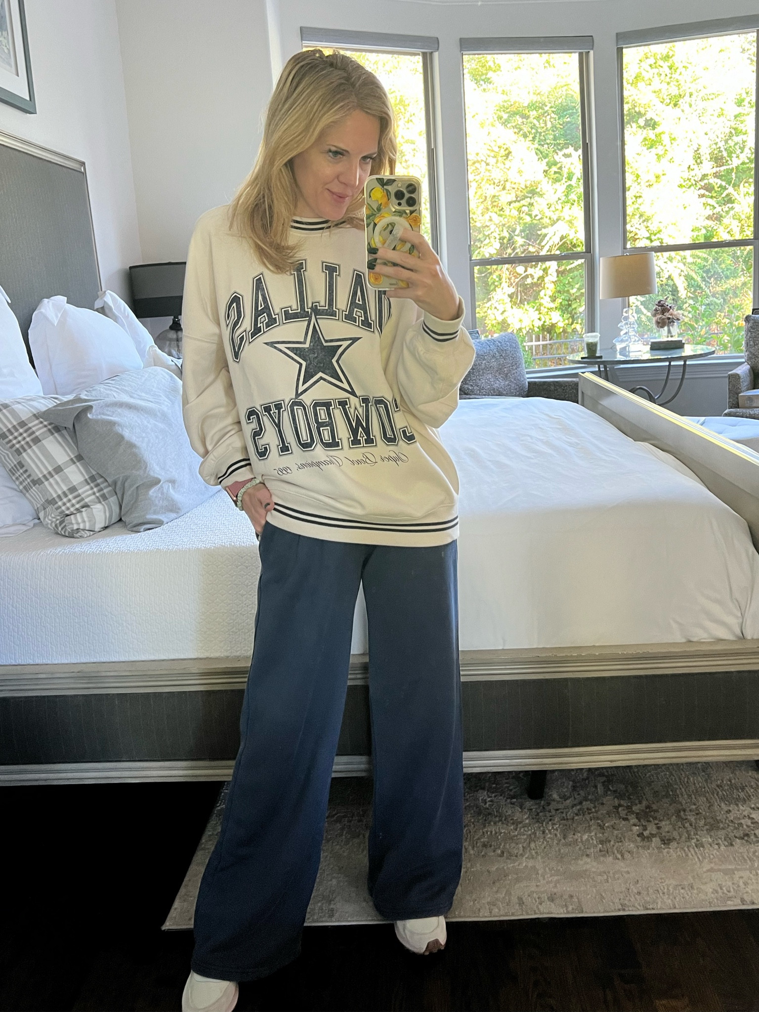 Fall lounge wear 
Abercrombie style 
Fall football sweatshirt 
Dallas cowboys sweatshirt 
Sunday essentials sweatpants
Flare sweatpants
White Nike sneakers 
  

#LTKFindsUnder100 #LTKFindsUnder50 #LTKSeasonal