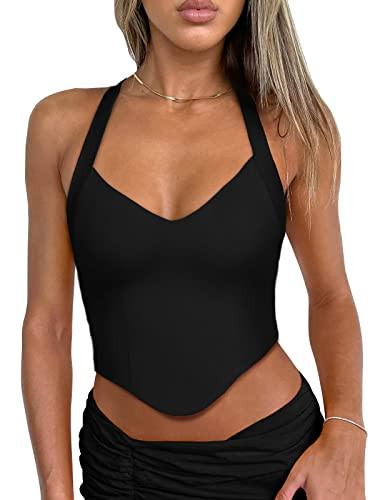 REORIA Double Lined Sexy Halter Tops for Women V Neck Sleeveless Camisole Y2K Trendy Going Out Corset Crop Tank Tops Black 2X-Large | Amazon (US)