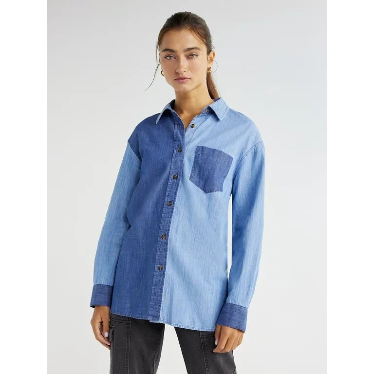 Time and Tru Women's Button Down Shirt with Long Sleeves, Sizes XS-XXXL | Walmart (US)