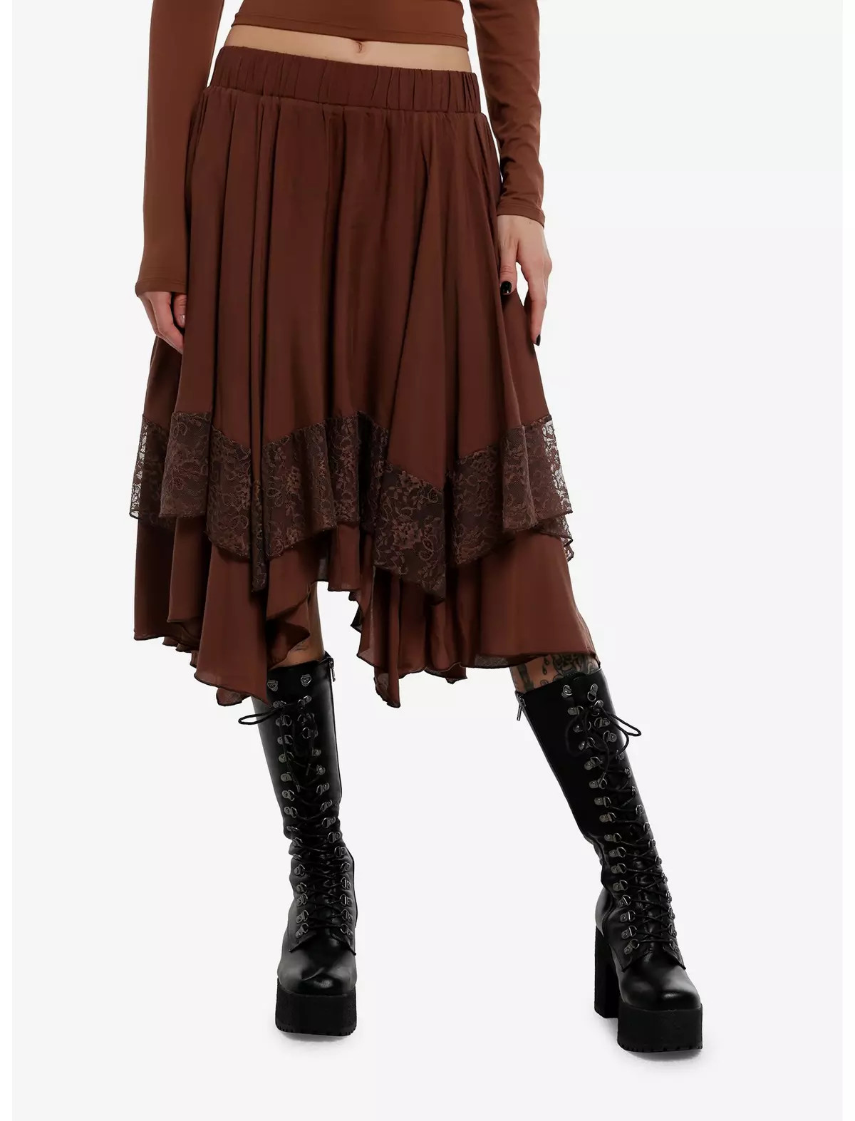Thorn & Fable Brown Lace Tiered Hanky Hem Skirt | Hot Topic | Hot Topic