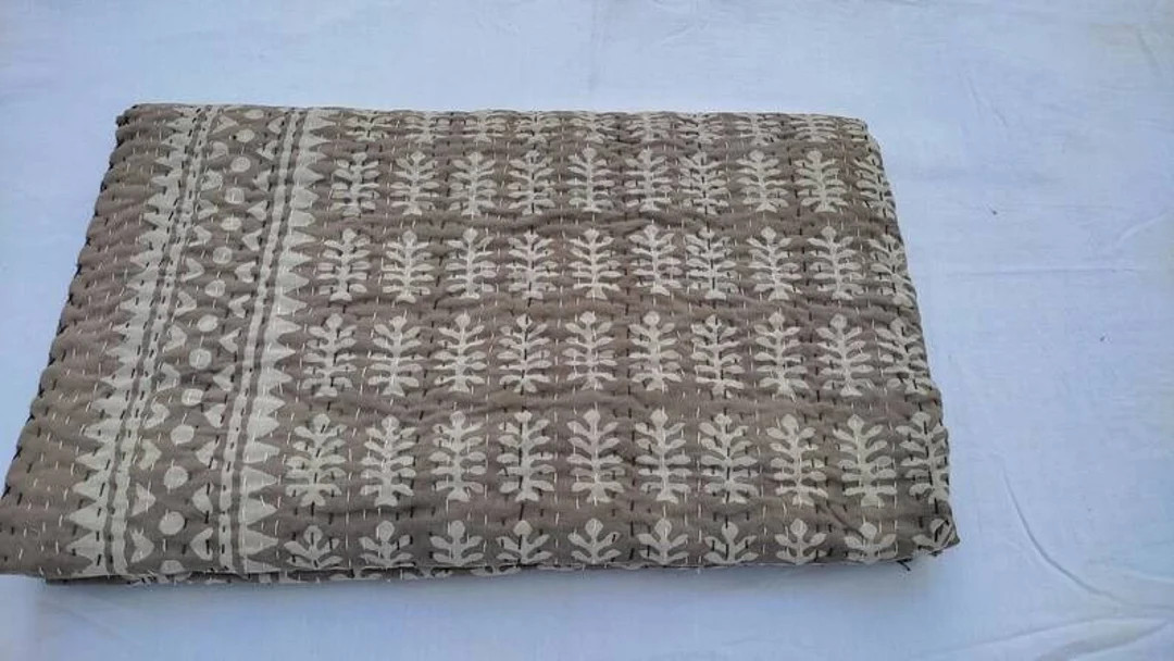 Grey kantha Quilt Indian HandBlock Print Grey Bedding Bedspread Full size King Size Twin Size Han... | Etsy (US)