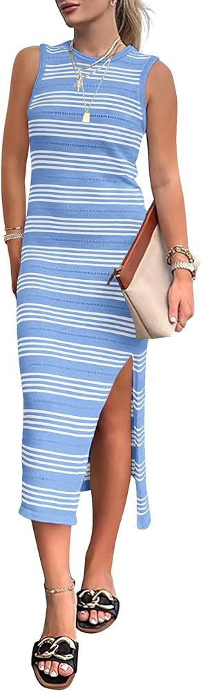 PRETTYGARDEN Women's Summer Bodycon Sundresses Casual Midi Sleeveless Hollow Out Knit Side Slit S... | Amazon (US)