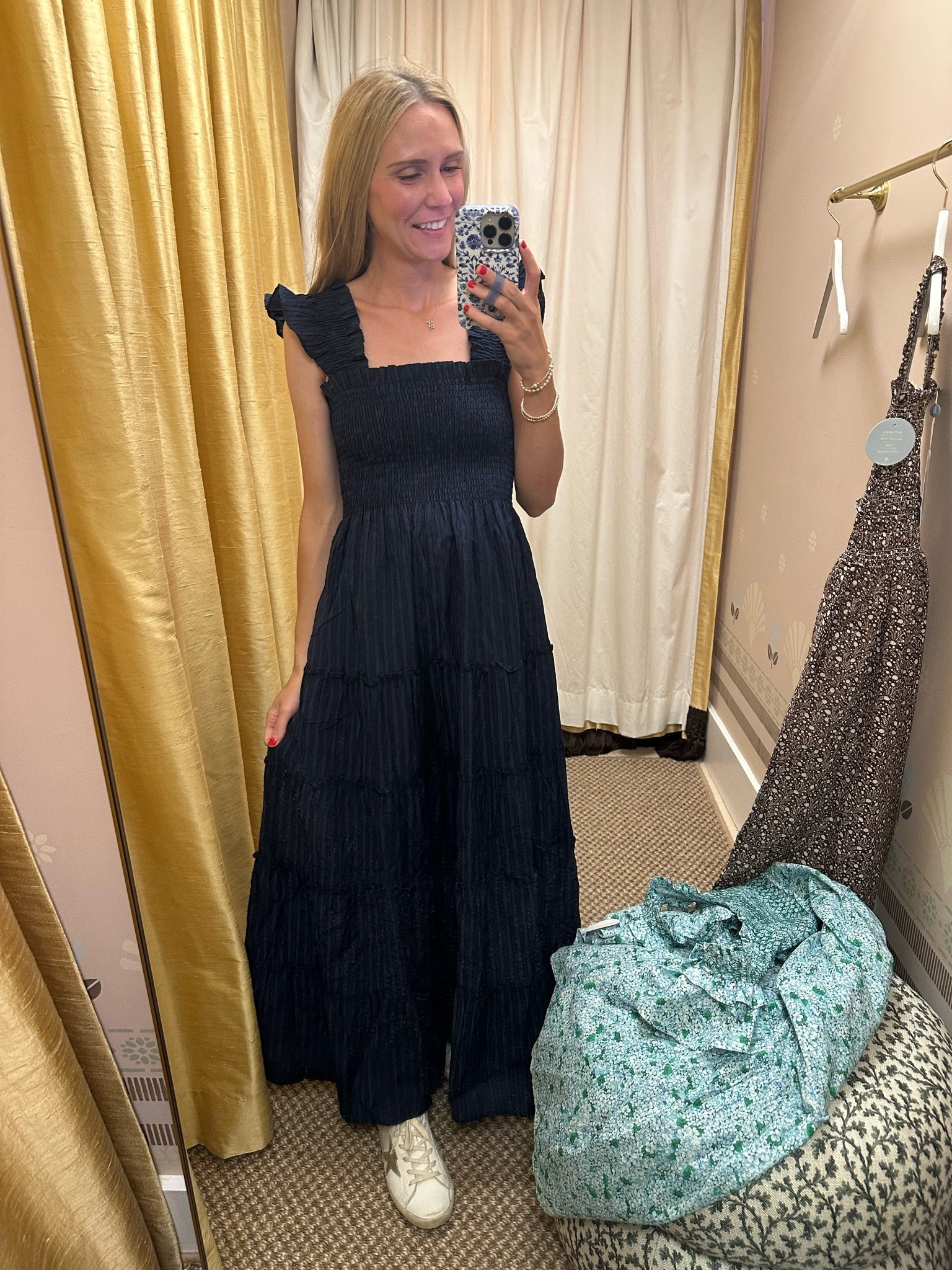 Hill house nap dress navy tonal seersucker wedding guest dress fall dresses maxi dresses bump nursing friendly size XXS