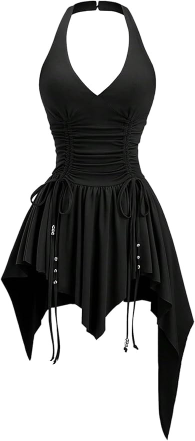 WDIRARA Women's Punk Halter Mini Dress Western Asymmetrical Ruffle Sleeveless Drawstring Ruched A... | Amazon (US)