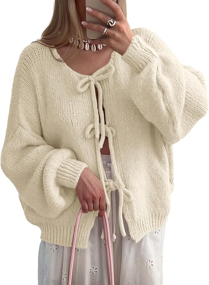 Saodimallsu Womens Tie Front Cardigan Sweaters Cute Bow Puff Long Sleeve 2024 Fall Loose Ribbed K... | Amazon (US)