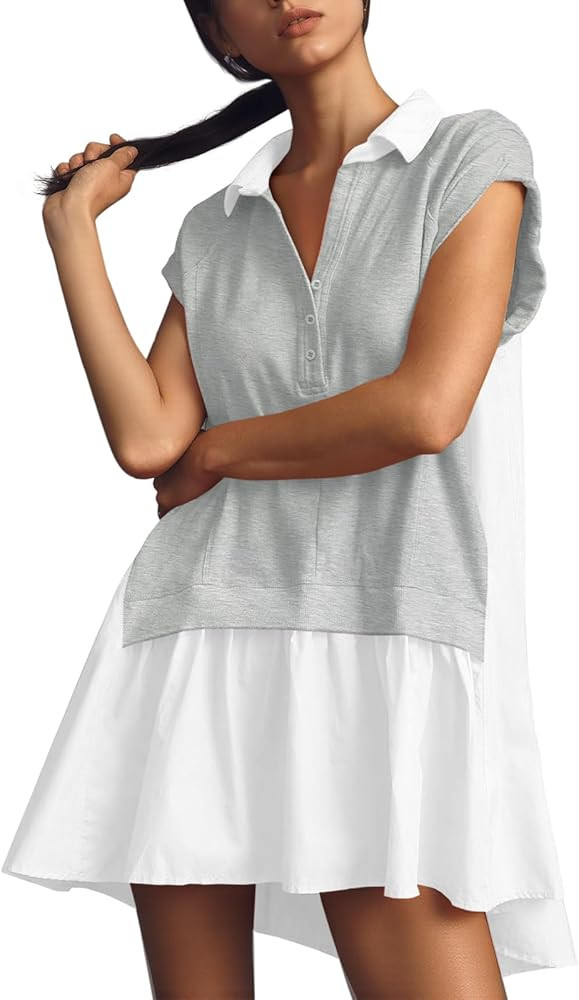 Fisoew Womens Summer Sweatshirt Dresses Short Sleeve V Neck Casual Oversized Patchwork Mini Dress | Amazon (US)