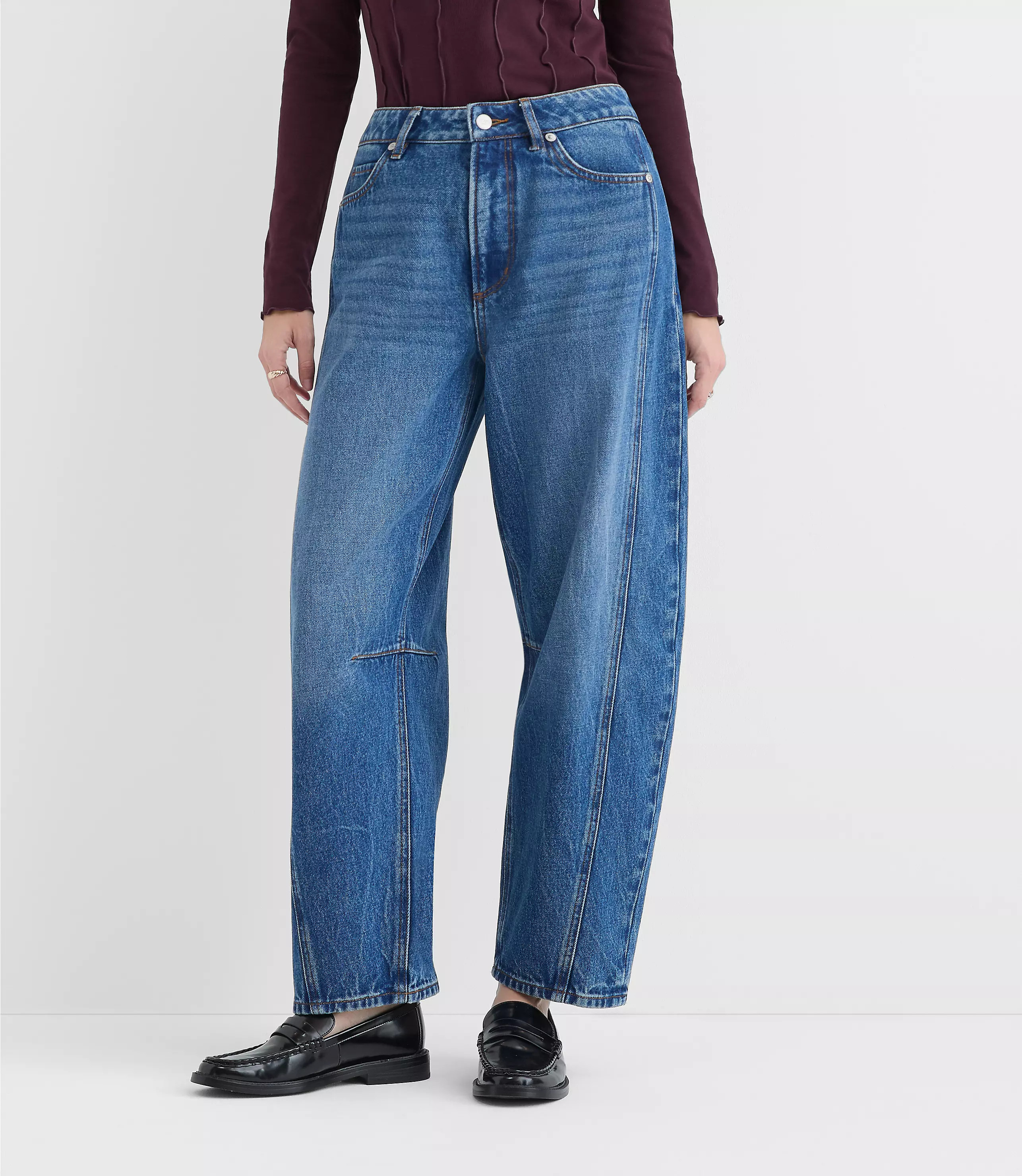 Rivete Curvy Seamed High Rise Barrel Jeans in Dark Wash | LOFT