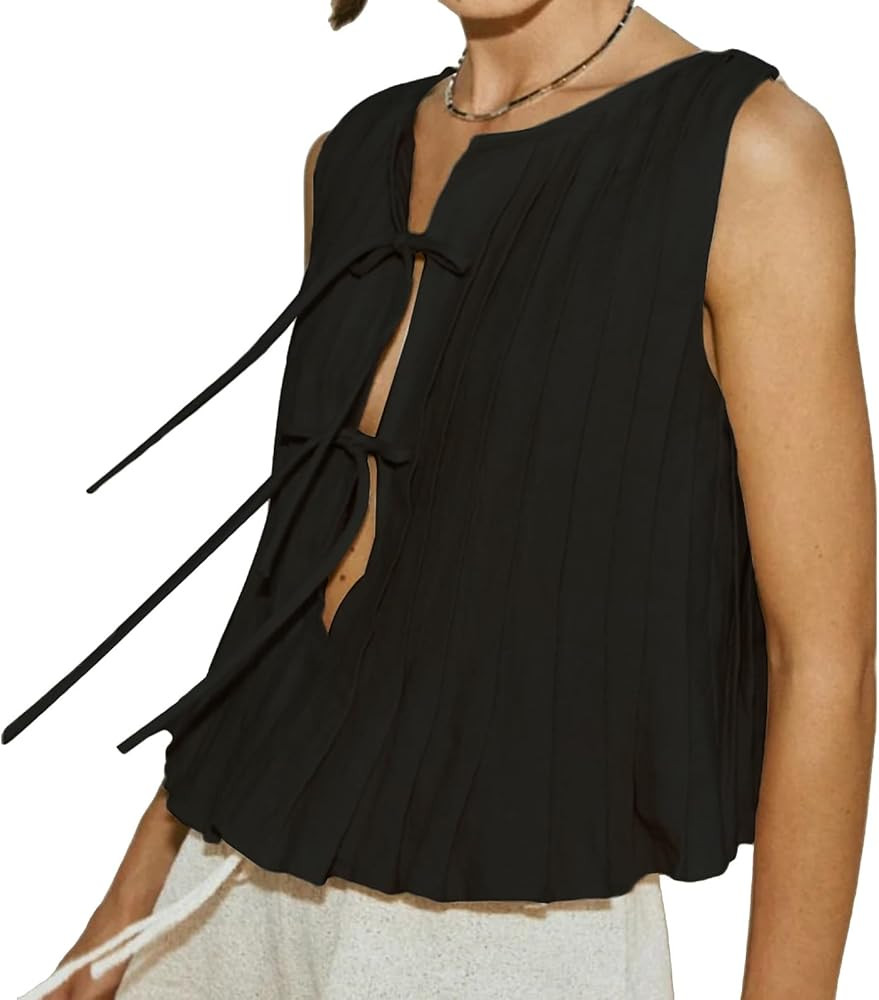 Linen Bow Tie Front Tank Tops Vest Women Coquette Babydoll Peplum Blouses Y2k Sleeveless Pleated ... | Amazon (US)