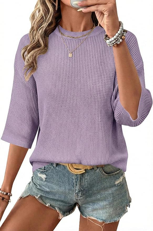 Arach&Cloz Womens 100% Cotton 3/4 Length Sleeve Sweater Crochet Tops Shirts Casual Blouses Resort... | Amazon (US)