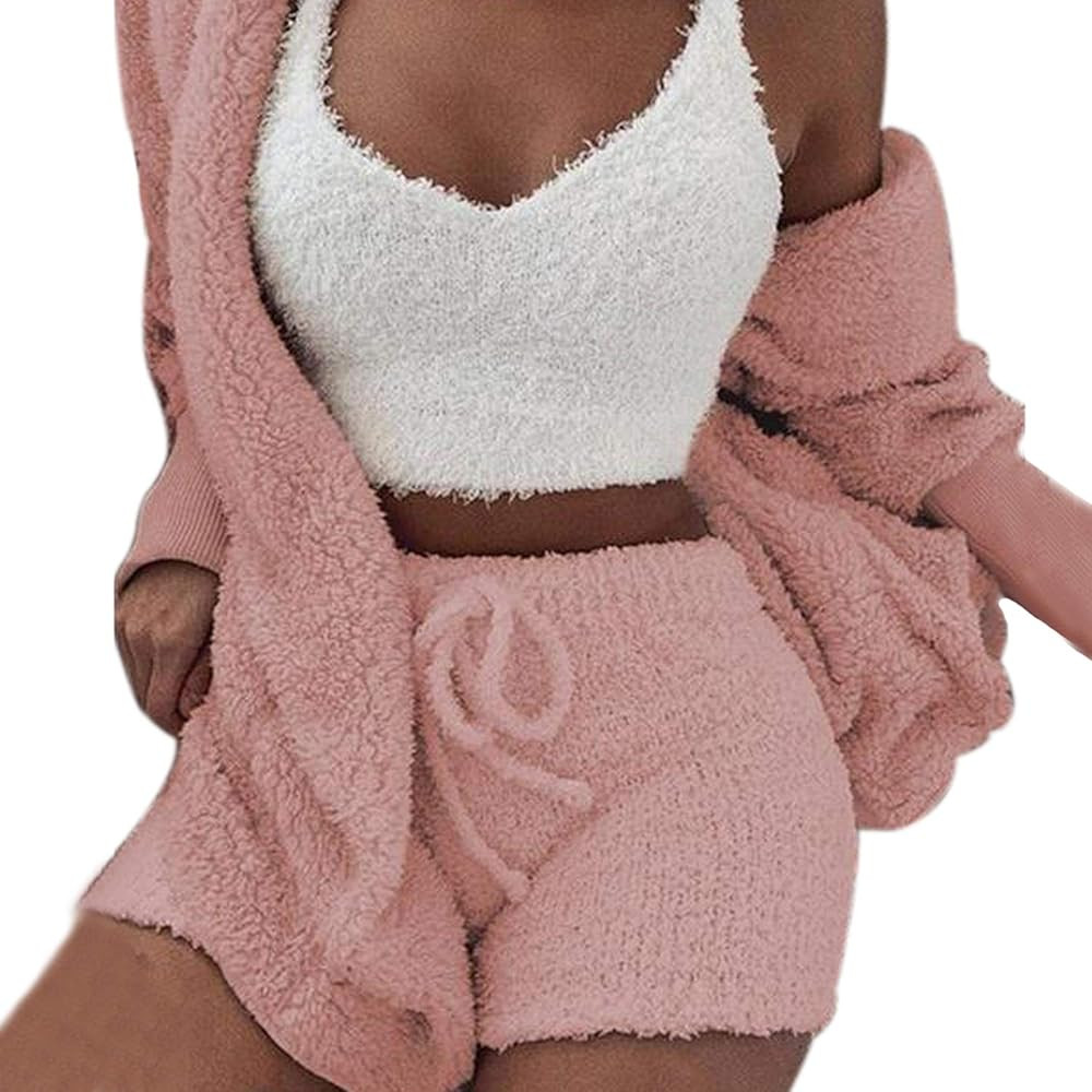Womens Sexy Warm Fuzzy Fleece 3 Piece Outfits Pajamas, Sherpa Coat Jacket Outwear and Spaghetti S... | Amazon (US)