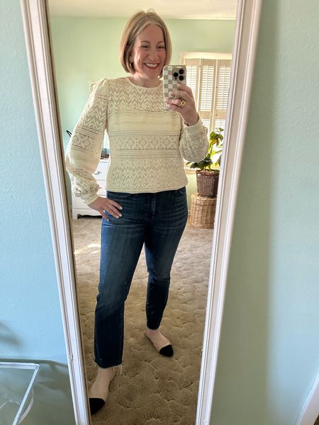 Loving my Sezane pieces. Wearing a size 36 (4) top; jeans old J.Crew, shoes TTS, ring linked 