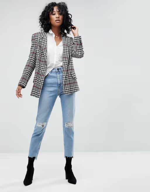 ASOS DESIGN high rise farleigh 'slim' mom jeans in light vintage wash with busted knee and rip & ... | ASOS (Global)