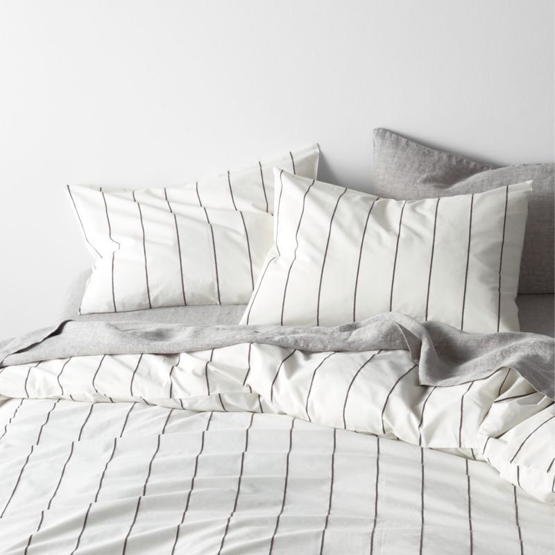 Organic Percale Cotton Striped Pewter Grey Duvet Covers and Pillow Shams | Crate & Barrel | Crate & Barrel