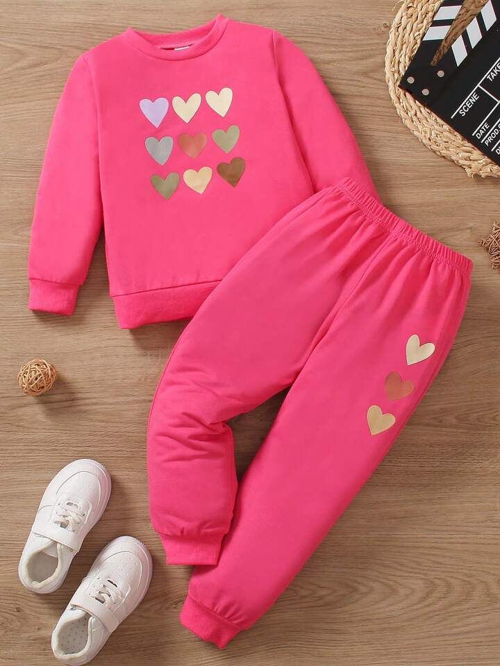 SHEIN Kids Y2Kool Young Girl Heart Print Sweatshirt & Sweatpants | SHEIN