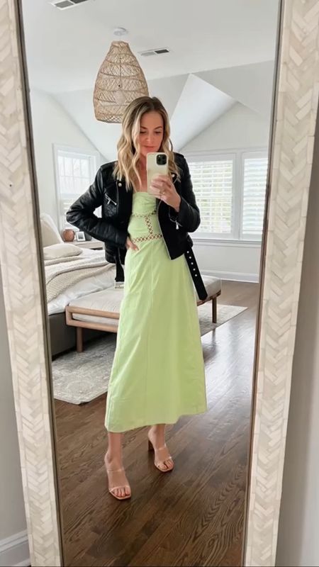 Spring Dress: This or that? 
•XS in green dress, and size small in floral dress, but wish I did XS
•exact leather jacket is old French Connection, linked similar 

Summer dress, Easter dress, vacation dress, beach dress 

#LTKSeasonal #LTKtravel #LTKunder100