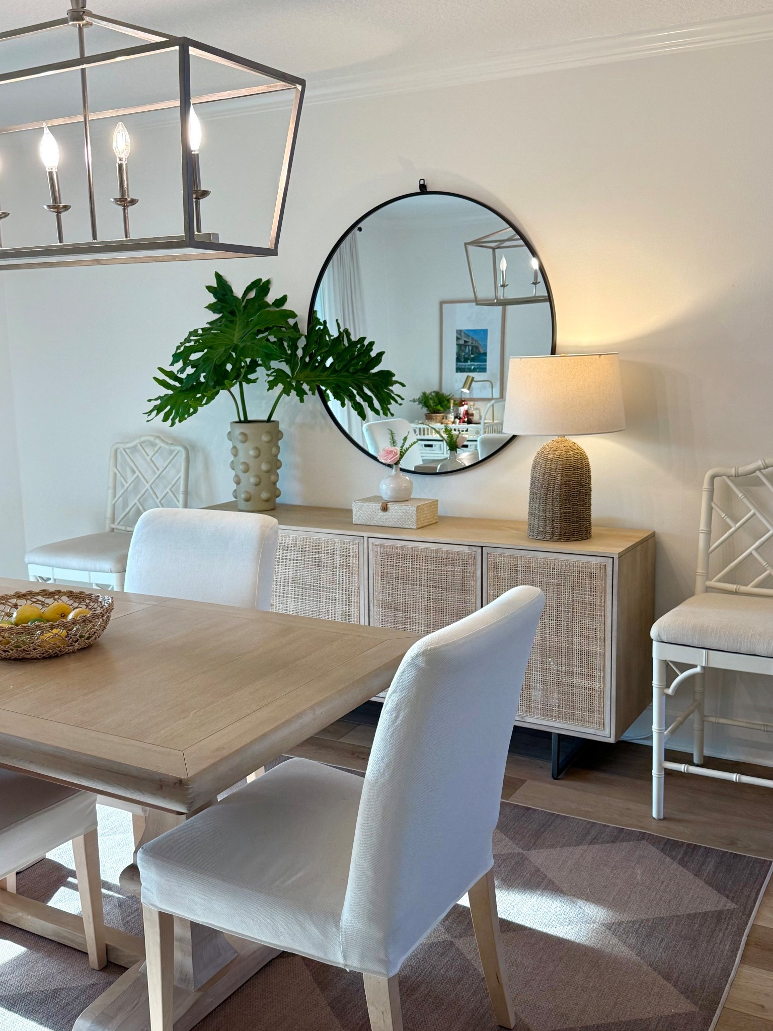 Dining room design 
Cane console table round mirror woven lamp washable rug 

#LTKSaleAlert #LTKHome #LTKSeasonal