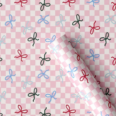 30” 25 sq ft Christmas Roll Wrap Colorful Bows on Pink Check - Wondershop™ | Target