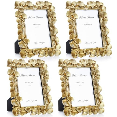 Chunful 4 Pcs Vintage Gold Picture Frames 4x6 Inch Ginkgo Leaf Ornate Photo Frame Antique Resin Decor with Glass Front for Home Tabletop Display Gallery Wall Hanging Art Photo Decor | Amazon (US)