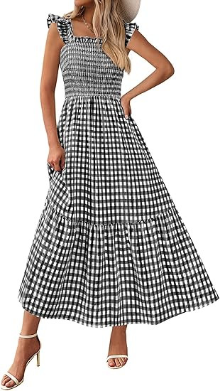 PRETTYGARDEN Womens Summer Dress Casual Square Neck Ruffle Strap Gingham Smocked Midi Flowy A Lin... | Amazon (US)